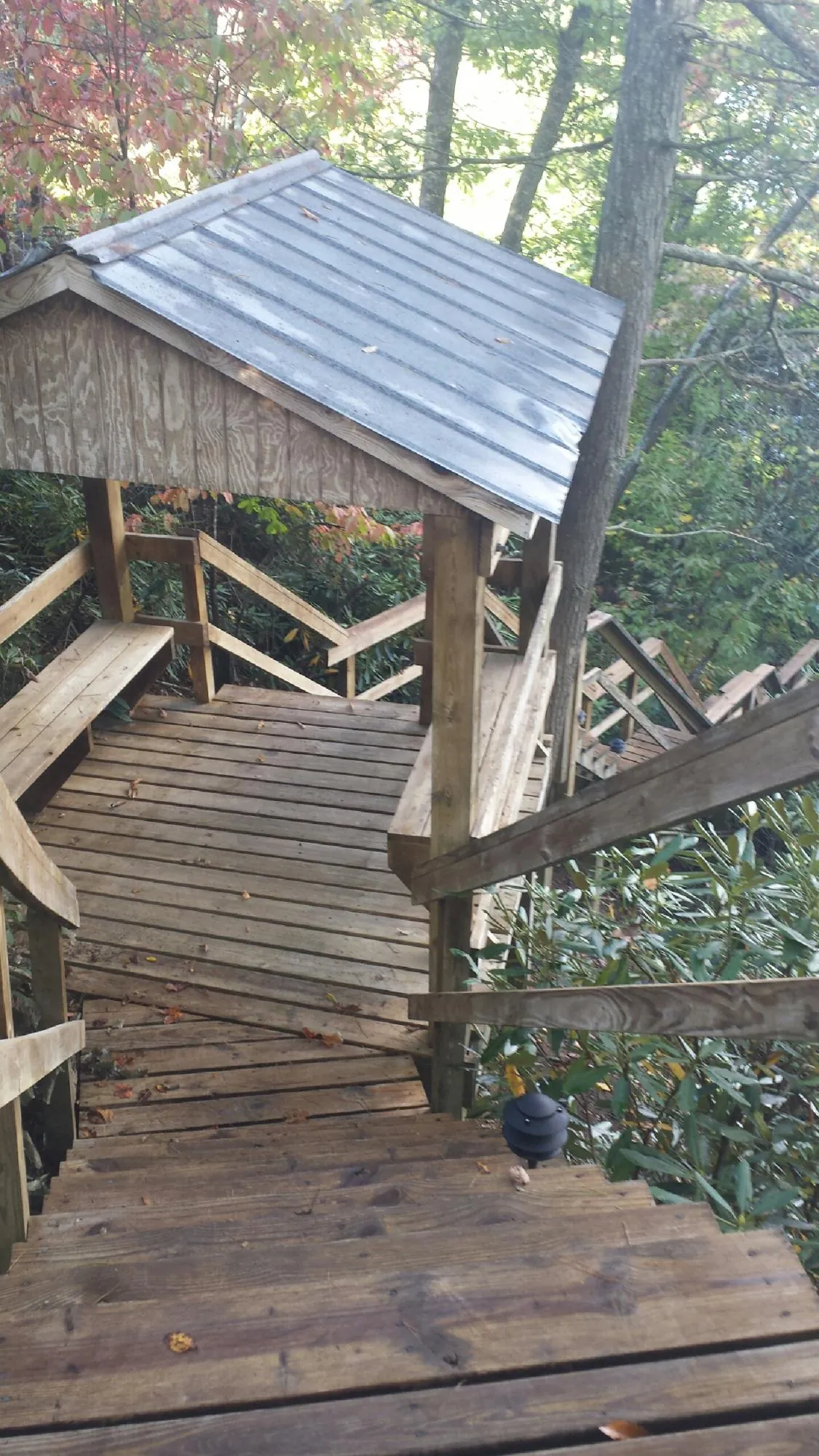Metal roofed shelter over wooden steps on a wooded walkway — Skylight Repair & Installation work by our crew in Eldridge
